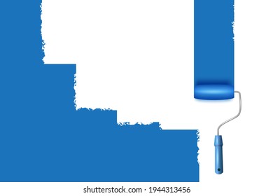 Paint roller with a long stroke of blue paint on a white wall.Painting apartment, building, facade, renovation with color paint.