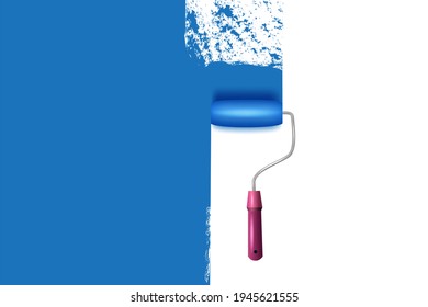 Paint roller with a long stroke of blue paint on a white wall.Painting apartment, building, facade, renovation with color paint.