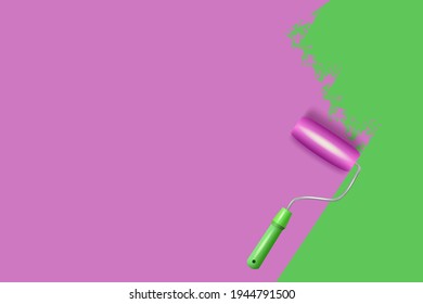 Paint roller with a long stroke of colored paint on a white wall.Painting apartment, building, facade, renovation with color paint.