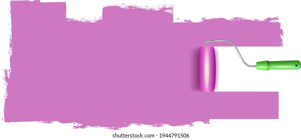 Paint roller with a long stroke of colored paint on a white wall.Painting apartment, building, facade, renovation with color paint.
