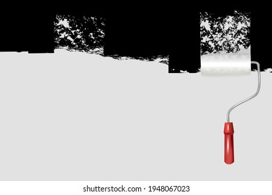 Pintar un rodillo con un largo golpe de pintura blanca sobre una pared blanca.Pintar apartamento, edificio, fachada, renovación con pintura de color.