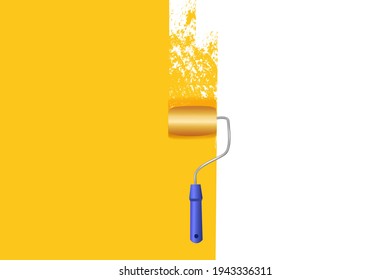 Paint roller with a long stroke of yellow paint on a white wall.Painting apartment, building, facade, renovation with color paint.