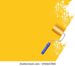 Paint roller with a long stroke of yellow paint on a white wall.Painting apartment, building, facade, renovation with color paint.