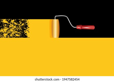 Paint roller with a long stroke of yellow paint on a white wall.Painting apartment, building, facade, renovation with color paint.