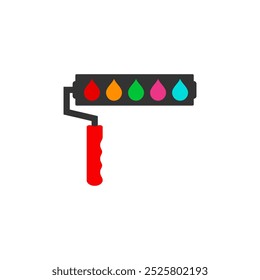 Paint roller with multicolored paint drops.