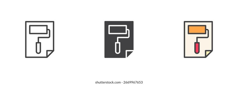 Paint roller on document in different style icon set. Line, solid and filled outline versions. Color vector sign and symbol for renovation, paint tool, UI theme and design icon.