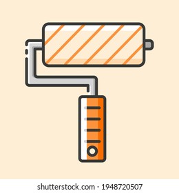 Paint roller with orange stripes and orange handle. Vector outline color flat icon on yellow background. Hand construction tool for renovation work.