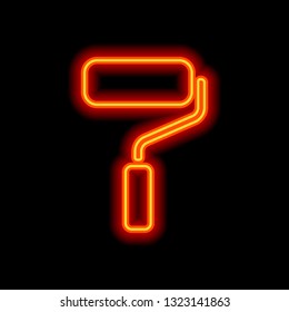 Paint roller, paintbrush icon. Orange neon style on black background. Light icon