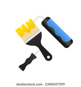 Paint roller and paintbrush on white background. Paint roller, brush icons. Wall repair tool and painting symbol. Design elements collection in cartoon minimal style. Vector illustration