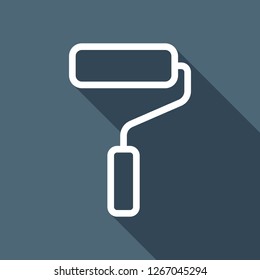 Paint roller, paintbrush, outline linear icon. White flat icon with long shadow on blue background