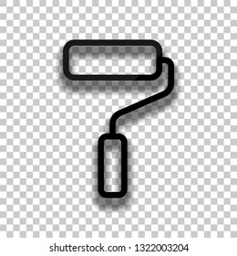 Paint roller, paintbrush, outline linear icon. Black glass icon with soft shadow on transparent background