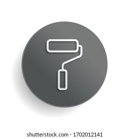 Paint roller, paintbrush, outline linear icon. White paper symbol on gray round button or badge with shadow