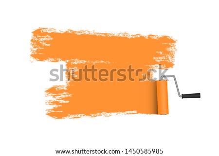 Paint roller with painted area in orange color. Roller brush. Vector illustration.