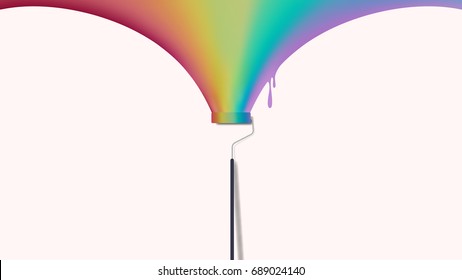 Paint roller painting wall with rianbow color