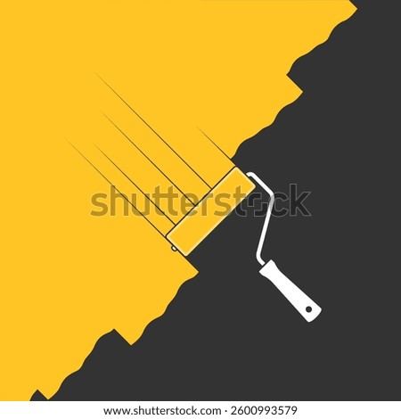 Paint roller paints the surface with paint. Graphic poster with painting paint of surface. Symbol of renovation. Vector illustration
