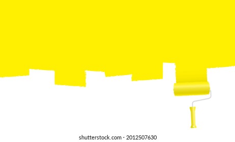 Paint roller paints yellow surface banner. Creative wall painting in home and office renovation. Abstract picture art of trendy vector impressionism