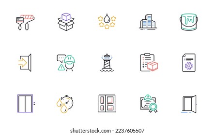 Paint roller, Quality and Certificate line icons for website, printing. Collection of Builder warning, Technical documentation, Parcel checklist icons. Open door, Entrance, Timer web elements. Vector