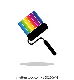Paint roller and rainbow colored stripes of paint of different colors with drop shadow. Flat icon isolated on white background