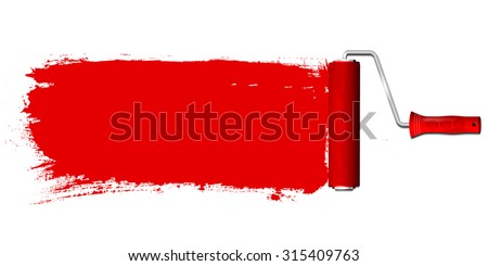 Paint roller and red color background - place for your text. Isolated on white background. Vector illustration.