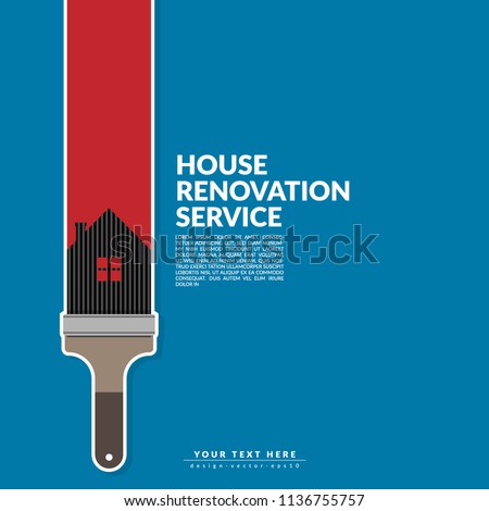 paint roller paint red color over house logo isolated on blue background. creative home renovation service and painting concept, logo design template with space for your company text. 