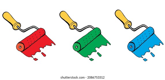 roller de pintura rojo verde, conjunto azul de tres imágenes vectoriales