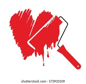 paint roller with red heart. vector pattern