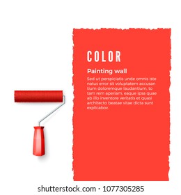 Paint roller with red paint and space for text or other design on vertical wall. Roller brush for text. Vector illustration