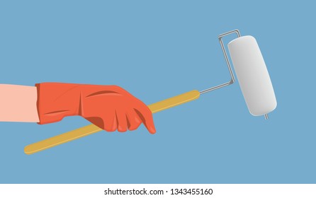 Paint roller in rubber glove - isolated on blue background - flat style - vector