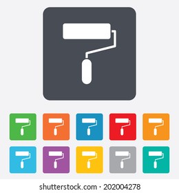 Paint roller sign icon. Painting tool symbol. Rounded squares 11 buttons. Vector