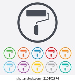 Paint roller sign icon. Painting tool symbol. Round circle buttons with frame. Vector
