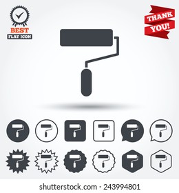 Paint roller sign icon. Painting tool symbol. Circle, star, speech bubble and square buttons. Award medal with check mark. Thank you. Vector