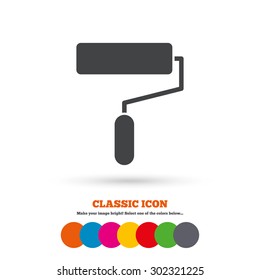 Paint roller sign icon. Painting tool symbol. Classic flat icon. Colored circles. Vector