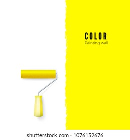 Paint roller with paint and space for text or other design on vertical wall. Vector illustration
