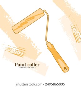 Paint roller with strokes on background, construction tool. Monochrome vector illustration. Working tool for applying paint. Construction store, banner, background, packaging, label