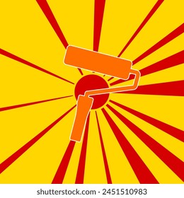 Paint roller symbol on a background of red flash explosion radial lines. The large orange symbol is located in the center of the sun, symbolizing the sunrise. Vector illustration on yellow background