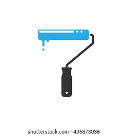 Paint roller tool with blue paint dripping flat design icon isolated no white background, vector illustration