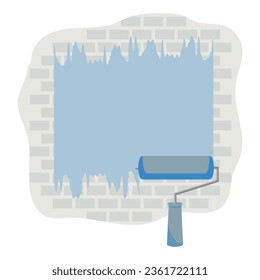 Pintura de rodillo y pintura azul en la pared de ladrillo. Coloca tu texto. Ilustración vectorial.
