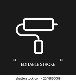 Paint roller tool pixel perfect white linear ui icon for dark theme. Tools for home renovation. Vector line pictogram. Isolated user interface symbol for night mode. Editable stroke. Arial font used