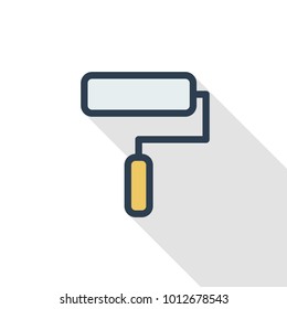 Paint Roller tool thin line flat color icon. Linear vector illustration. Pictogram isolated on white background. Colorful long shadow design.