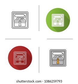 Paint roller in tray container icon. Painting, dyeing. Flat design, linear and color styles. Isolated vector illustrations