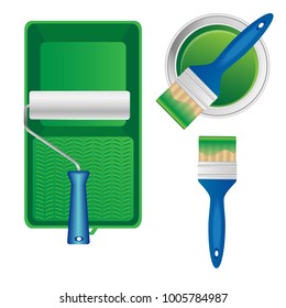 Paint roller with paint tray, Tin of paint with brush. Paint roller and brush for interior painting works. Blue plastic handles. Realistic vecror illustration set isolated on white background
