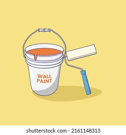 Paint Roller and Wall Paint Bucket Vector Icon Illustration. Interior Decoration Vector. Flat Cartoon Style Suitable for Web Landing Page, Banner, Flyer, Sticker, Wallpaper, Background
