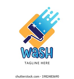 Paint Roller Washing Window, Wet Shiny Dirty To Clean Wall, Exterior, Logo Concept Cleaning Service, House Maintenance