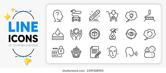 Paint roller, Waterproof and Brand contract line icons set for app include Recovery data, Health skin, Human sing outline thin icon. Eye target, Medical cleaning, Car charge pictogram icon. Vector
