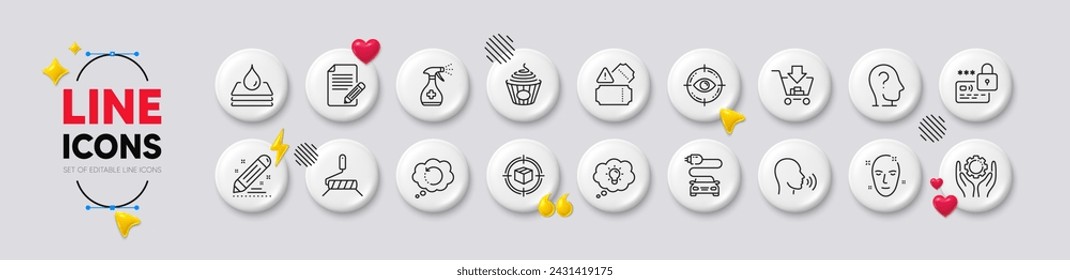 Paint roller, Waterproof and Brand contract line icons. White buttons 3d icons. Pack of Recovery data, Health skin, Human sing icon. Eye target, Medical cleaning, Car charge pictogram. Vector
