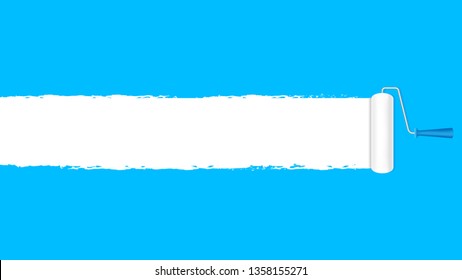 paint roller white on the blue wall for banner background and copy space text advertising, paint brush roller painted white on blue banner frame, blue area ad and paint brush roller, roller brush icon