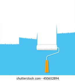 A paint roller with white paint on a blue background