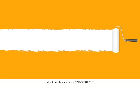 paint roller white on orange wall background and copy space text advertising banner, paint brush roller painted white on orange banner frame, orange area ad and paint brush roller, roller brush icon