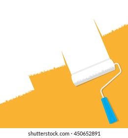 A paint roller with white paint on an orange background
