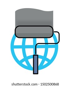 Paint roller and World planet icon. Staining in grey. Repair concept. Flat design. Vector illustration. Simple illustration of globe and paint roller.  EPS 10. 